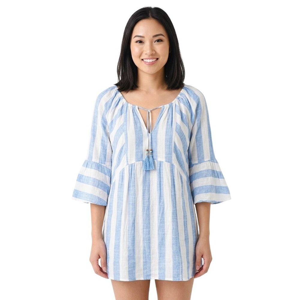 Blue Island Cover Up Women's Size Medium Blue White Stripe Gauze Boho Tunic Top